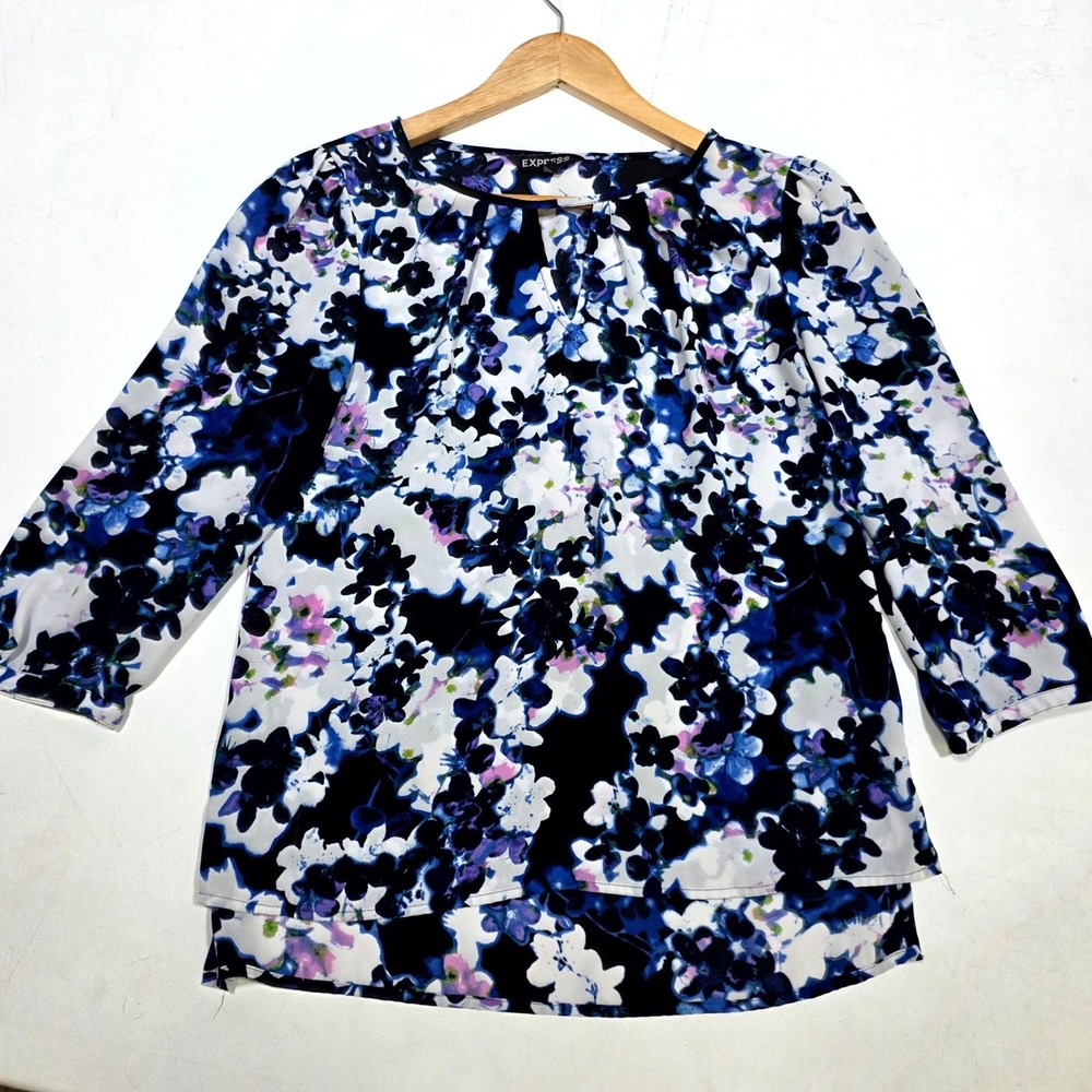 Express Floral Blouse Womens XS Blue Purple Split Neck Keyhole 3/4 Sleeve Top